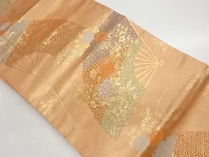 扇に秋草・古典柄模様織出し名古屋帯